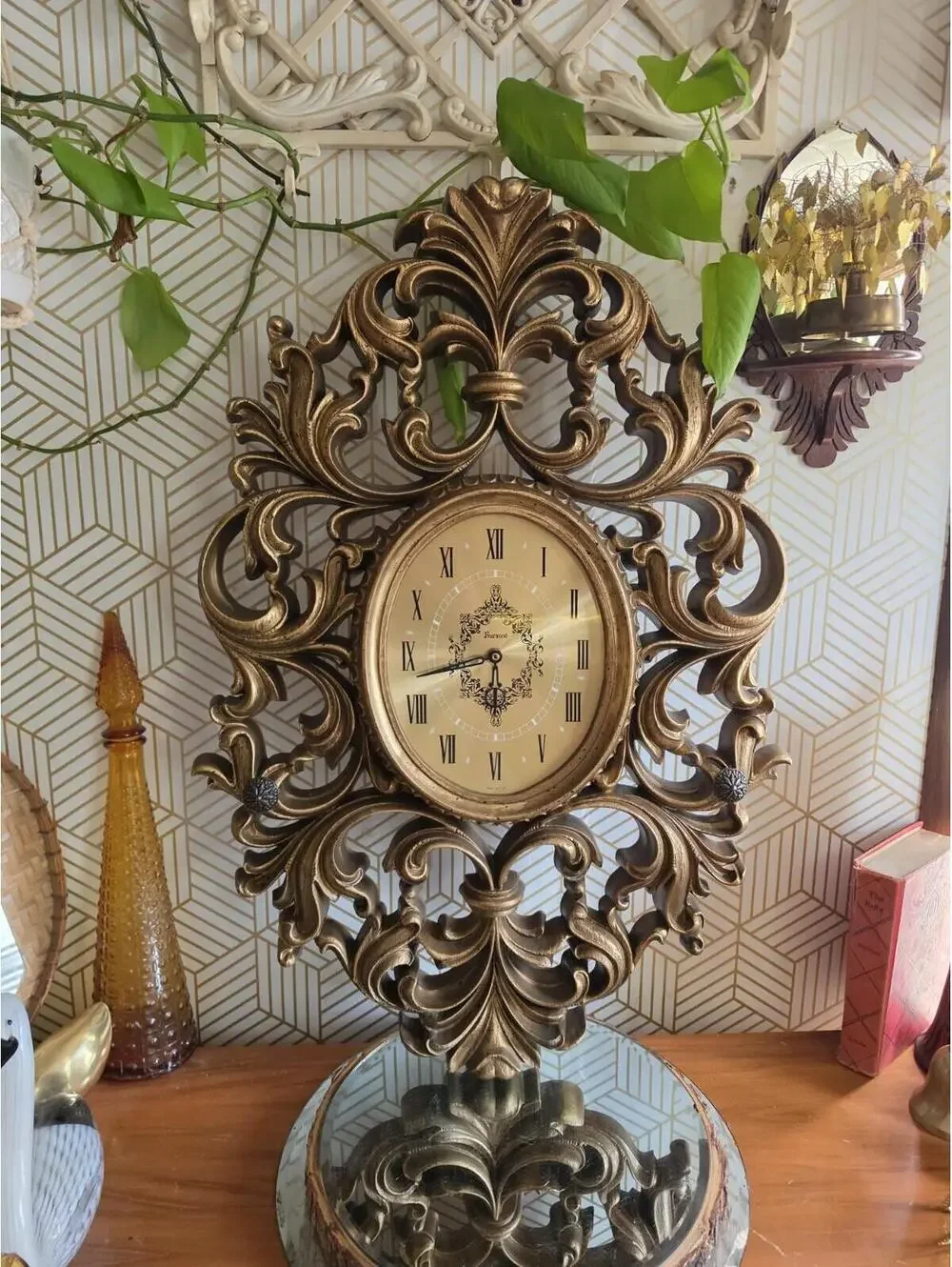 Vintage 1970 Burwood Large Gold Ornate Wall Clock Hollywood Regency 31”x20”